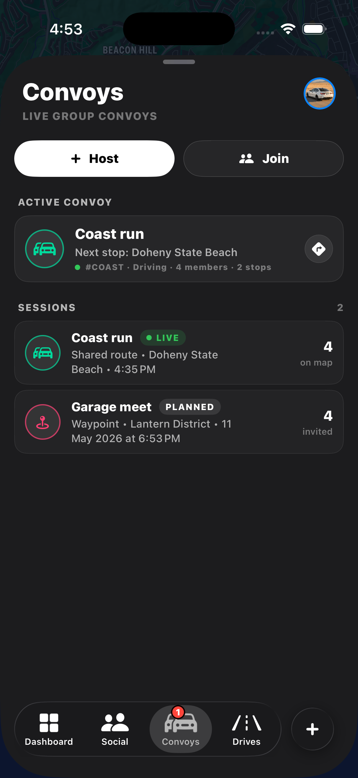 Convoys tab showing Coast run live