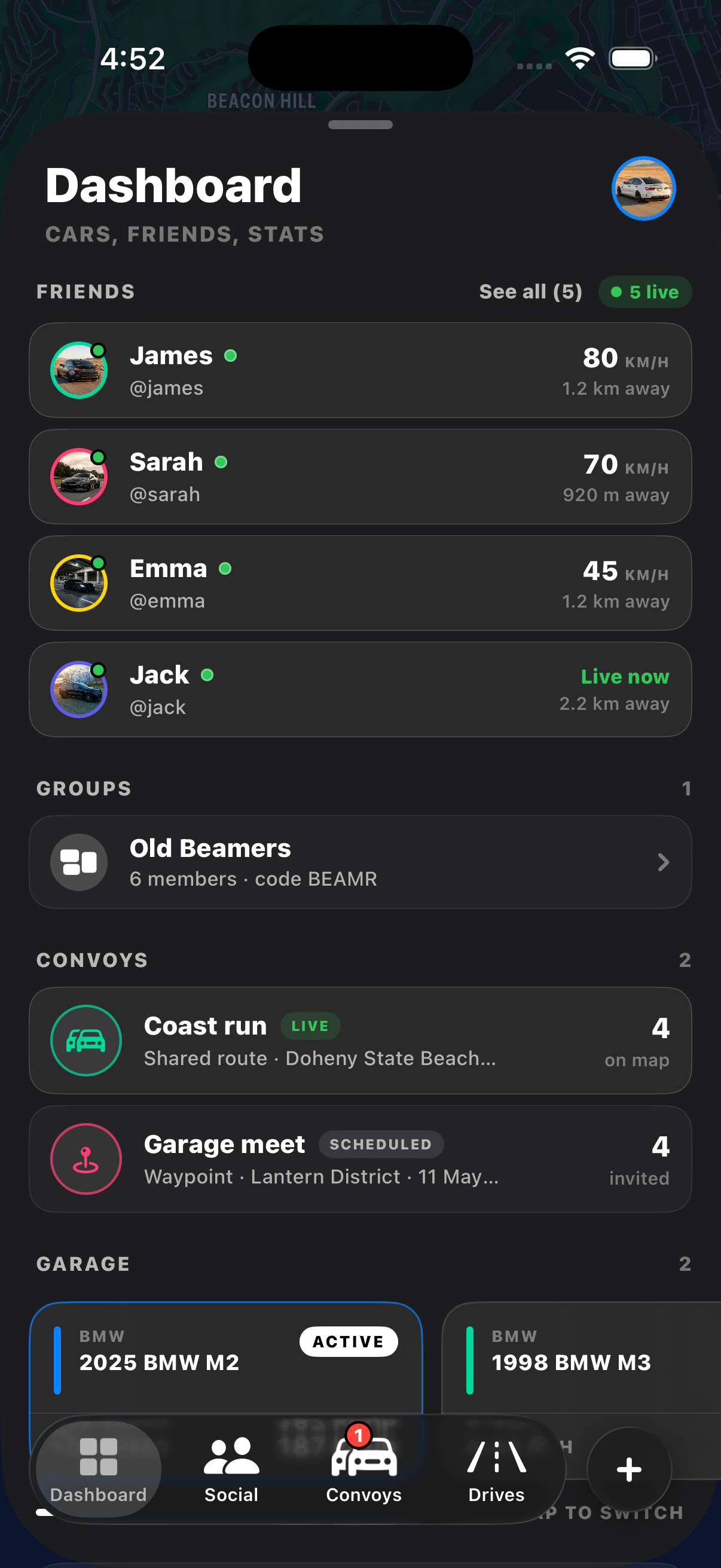 Dashboard showing convoys and groups