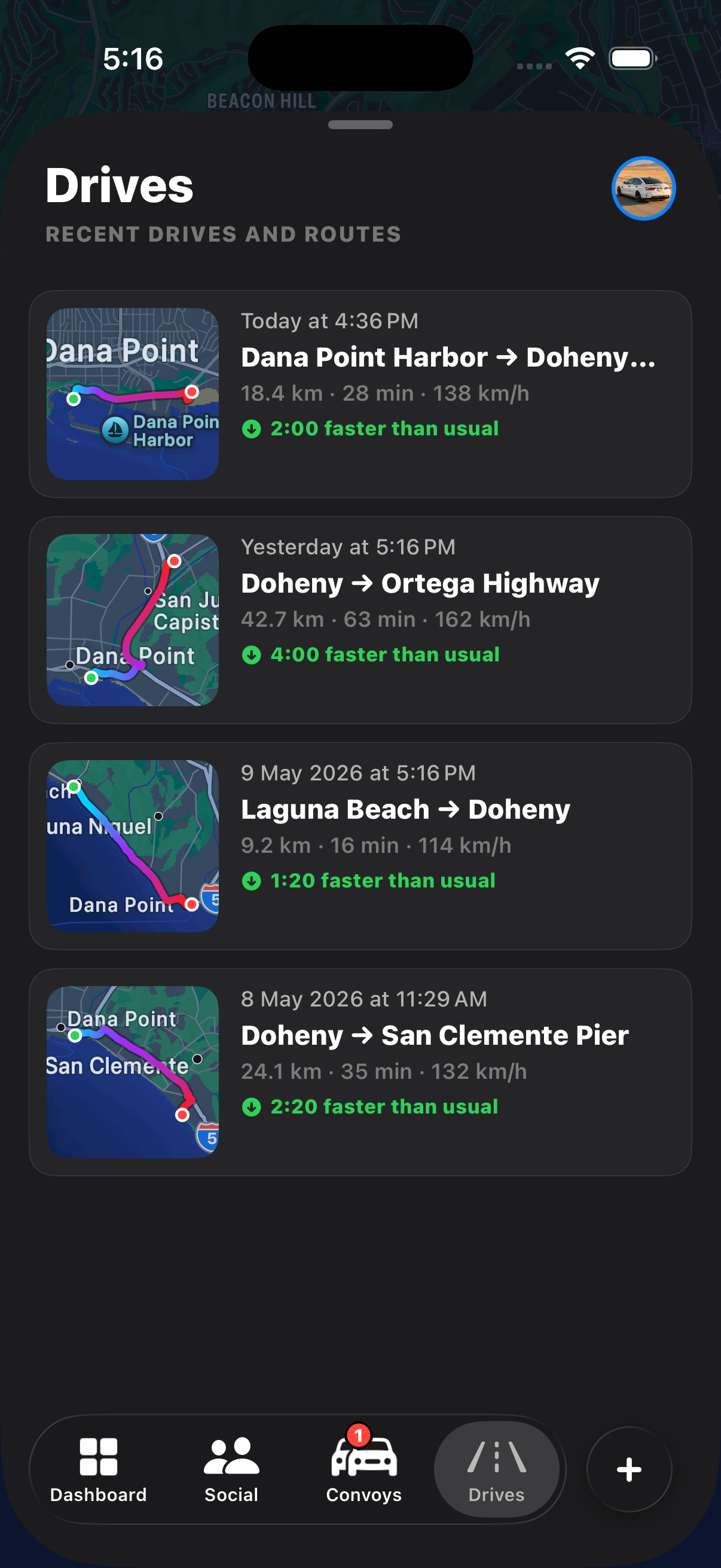 Recent drives history with route maps